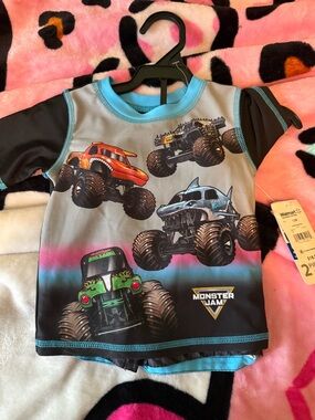 Monster Jam Boys' Blue & Gray Short Sleeve Rashguard